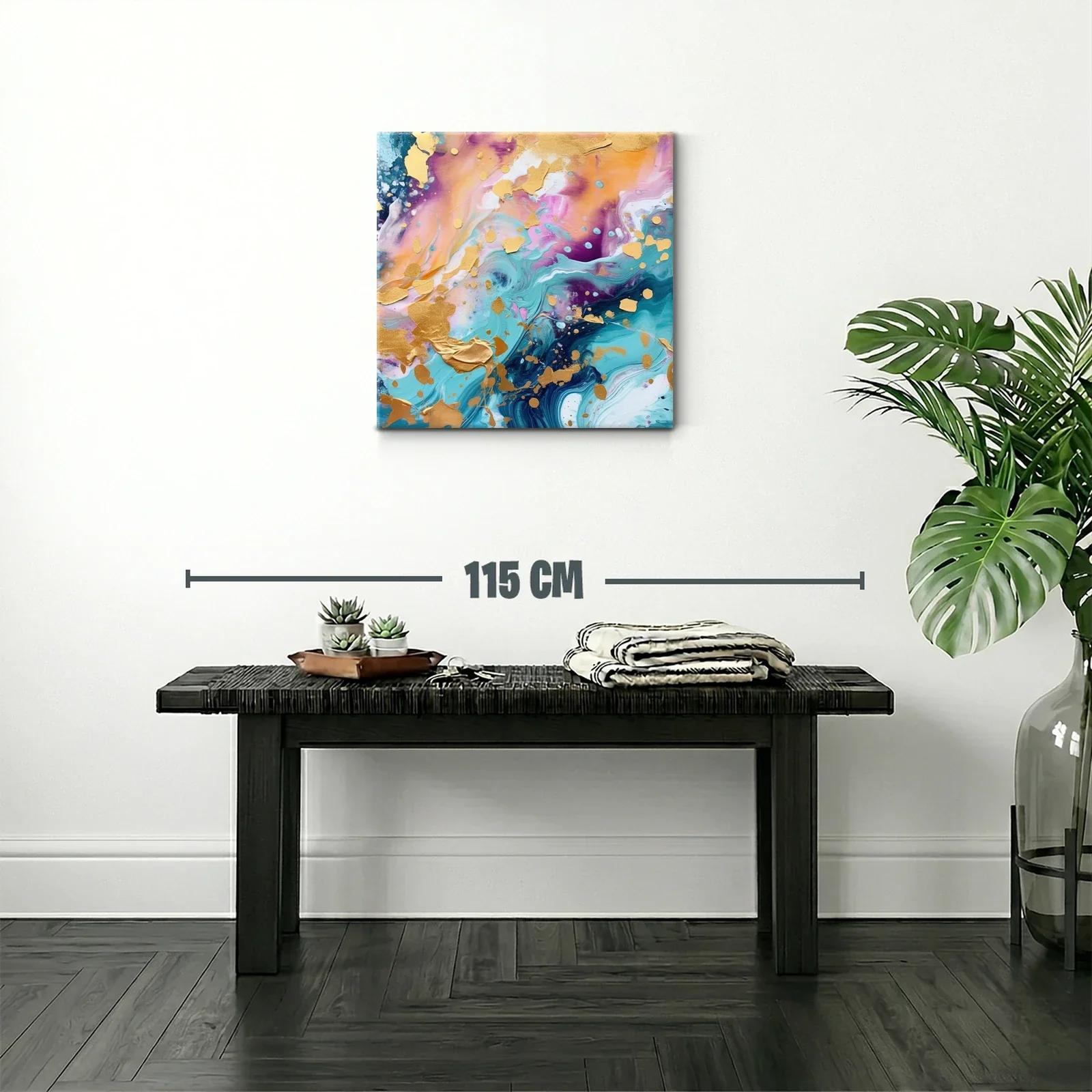 Cuadro abstracto con tonos dorados y vibrantes azules — miniatura 2