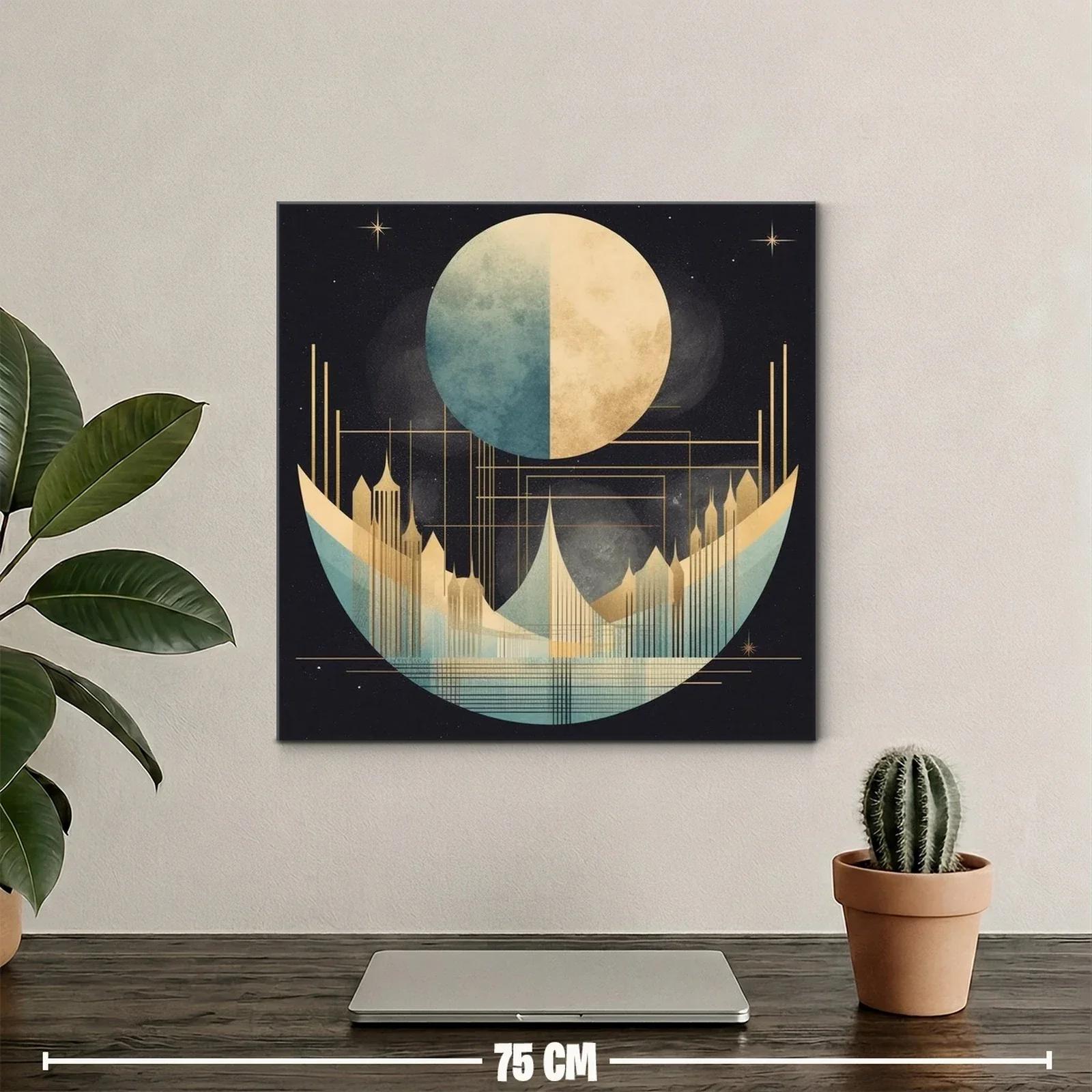 Cuadro abstracto con luna y ciudad futurista en tonos dorados — miniatura 2