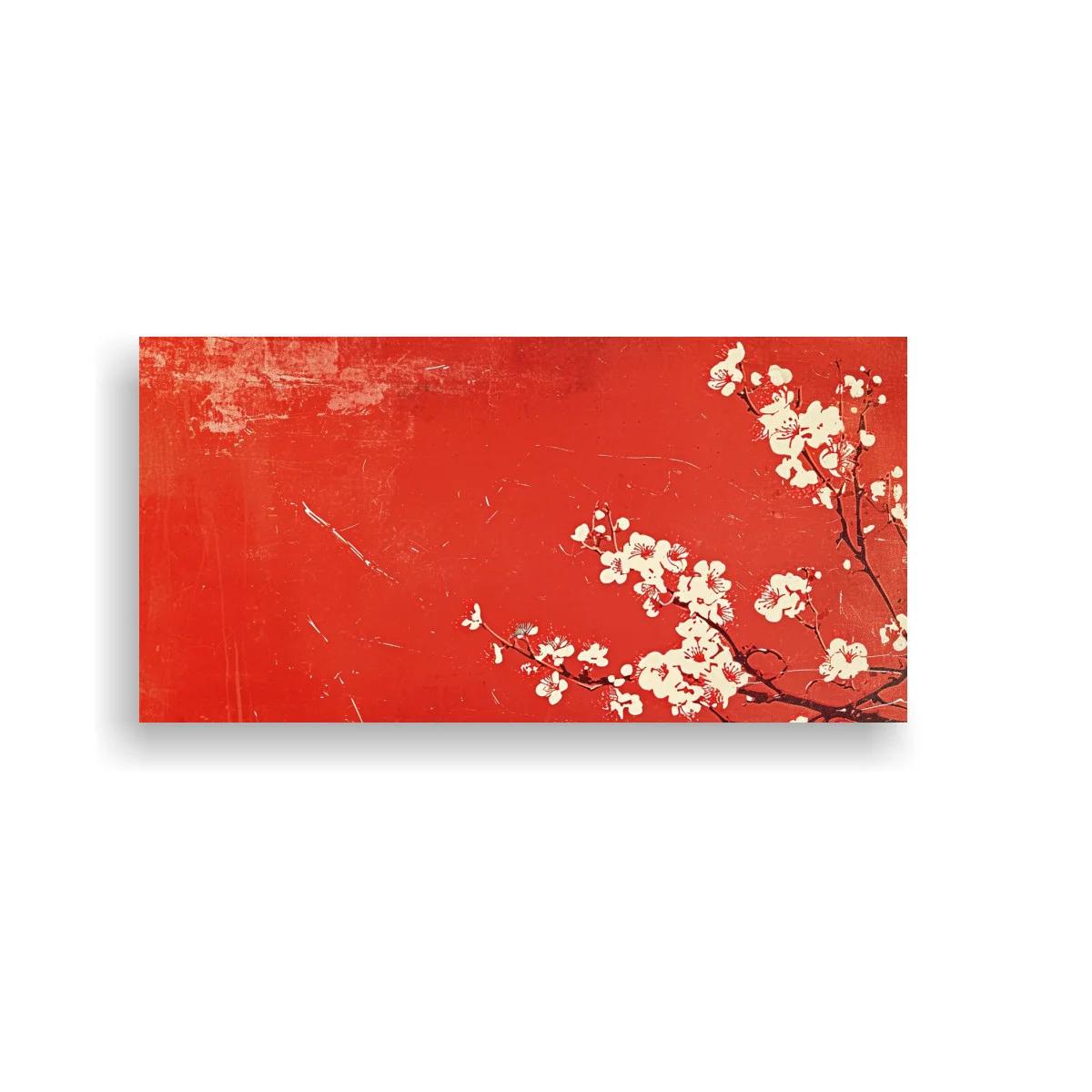 Cuadro rama de flores de cerezo sobre fondo rojo texturizado