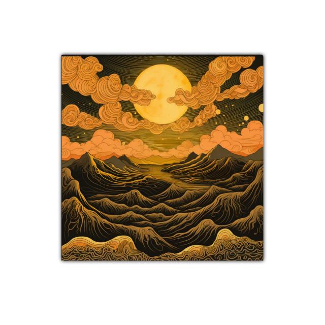 Paisaje onírico con luna y montañas en tonos cálidos