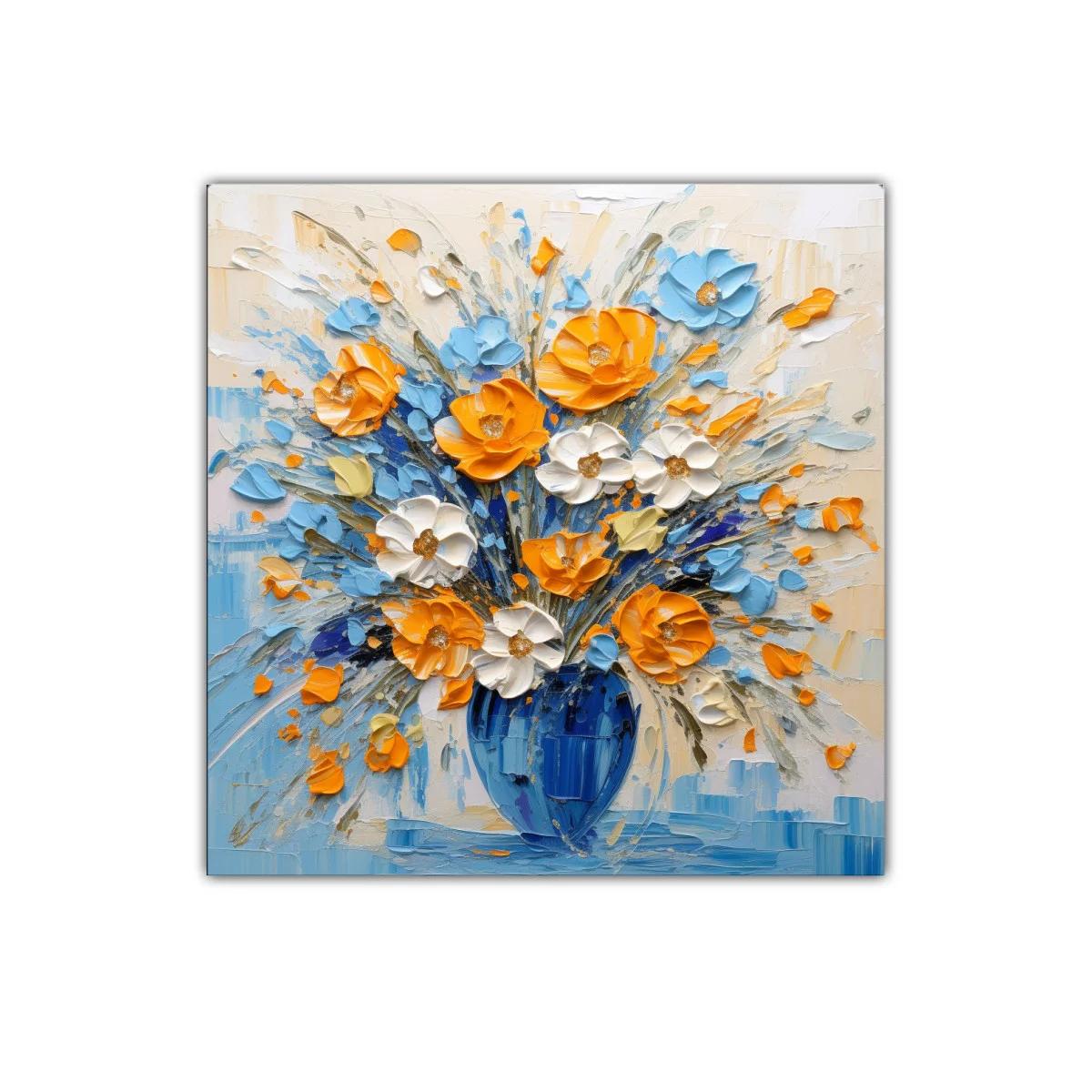 Flores vibrantes en jarrón azul con tonos cálidos y frescos — imagen principal