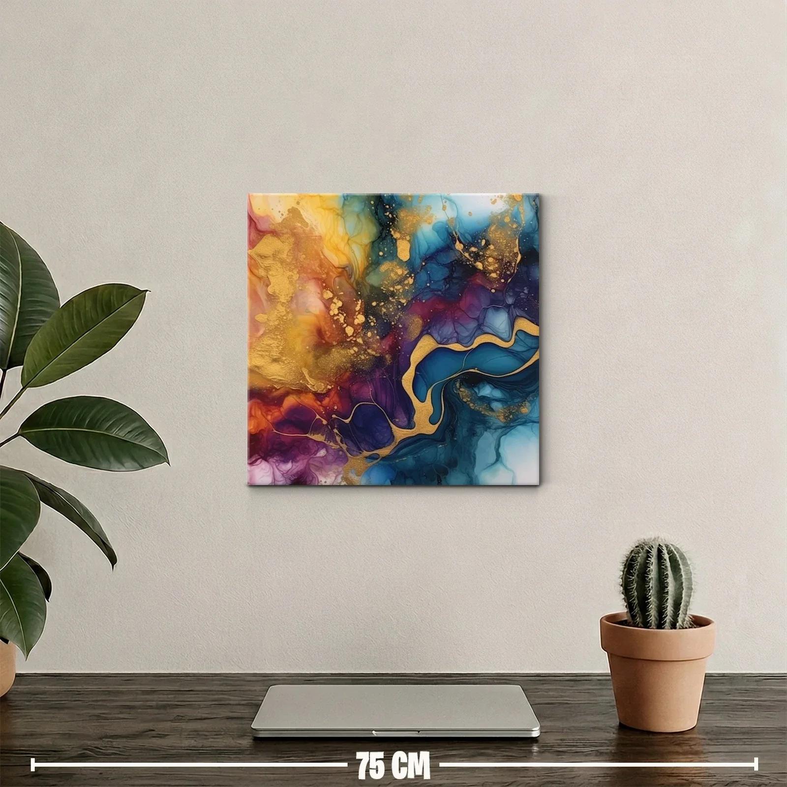 Cuadro abstracto con tonos dorados y azulados vibrantes — miniatura 2