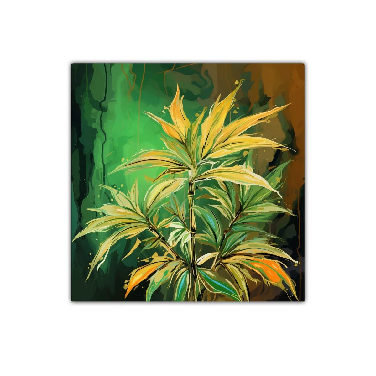 Cuadro decorativo con planta tropical vibrante en tonos verdes y amarillos