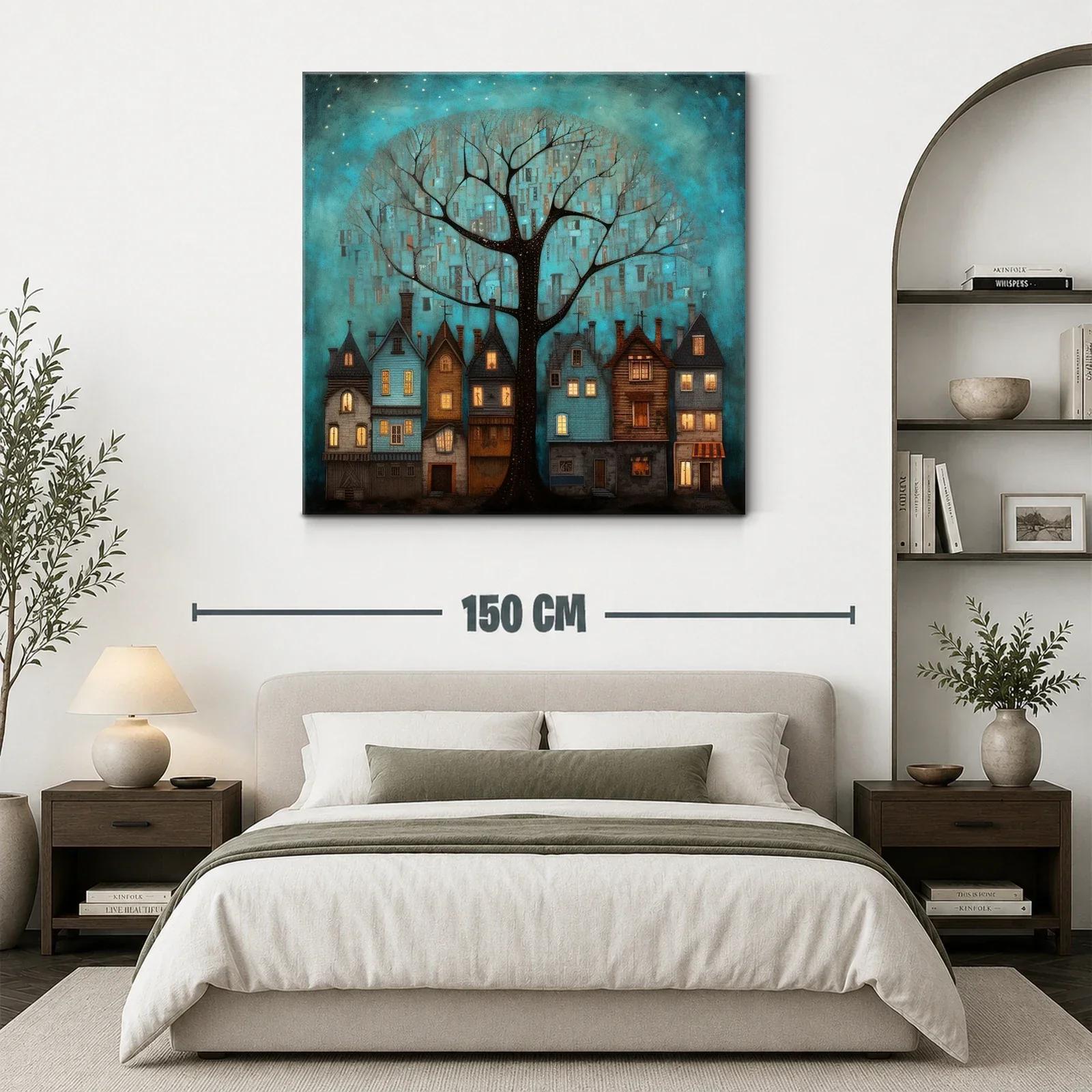 Encantador paisaje nocturno con casas y árbol iluminado — miniatura 3