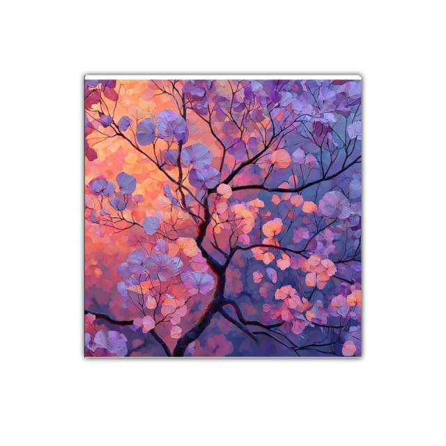 Cuadro decorativo con ramas y hojas en tonos púrpuras y naranjas