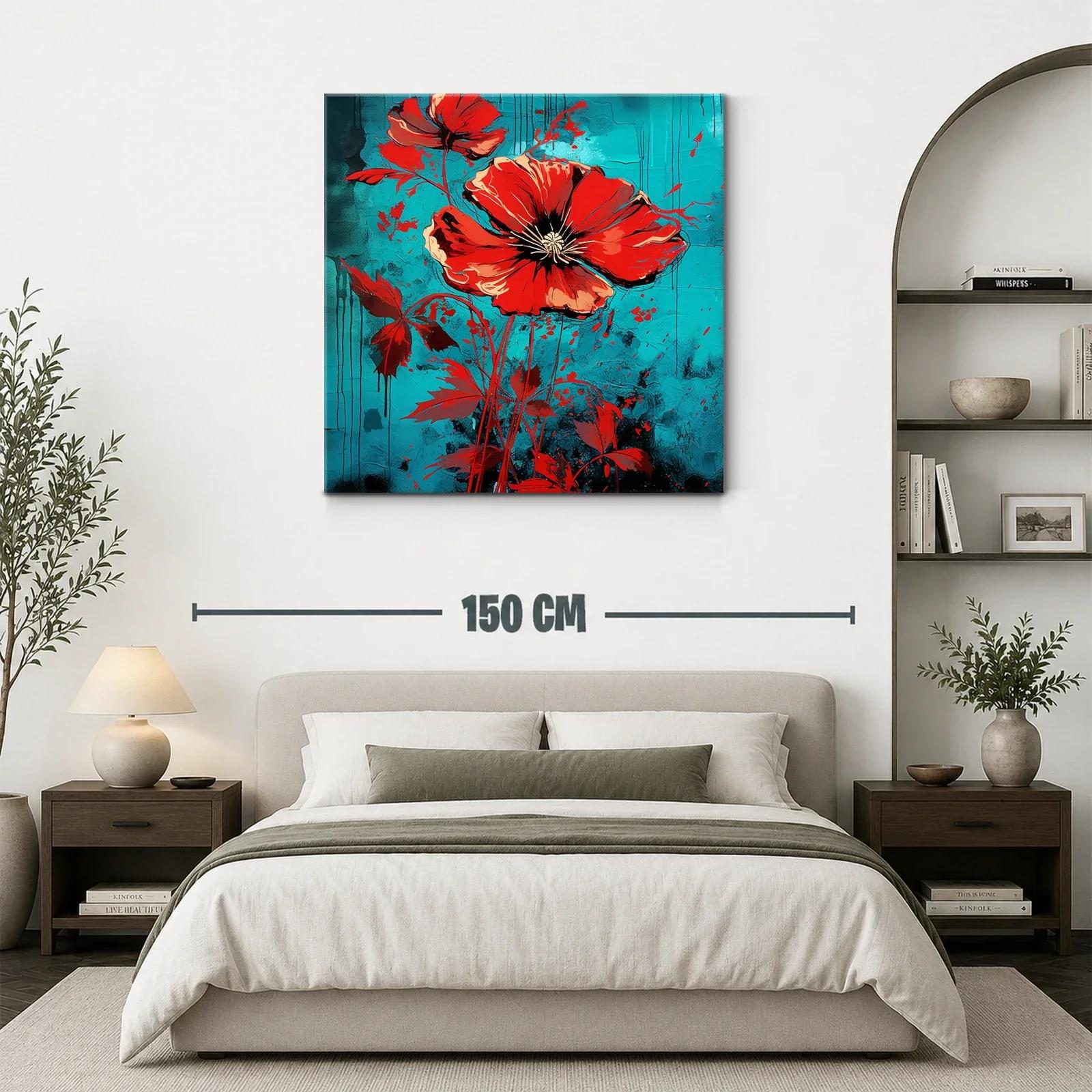 Llamativo cuadro floral con amapolas rojas y fondo azul — miniatura 3