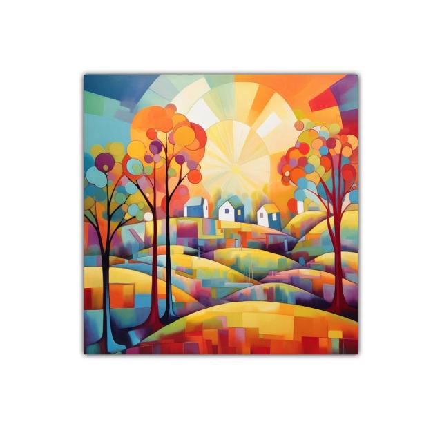 Paisaje colorido con árboles y casas bajo un sol radiante