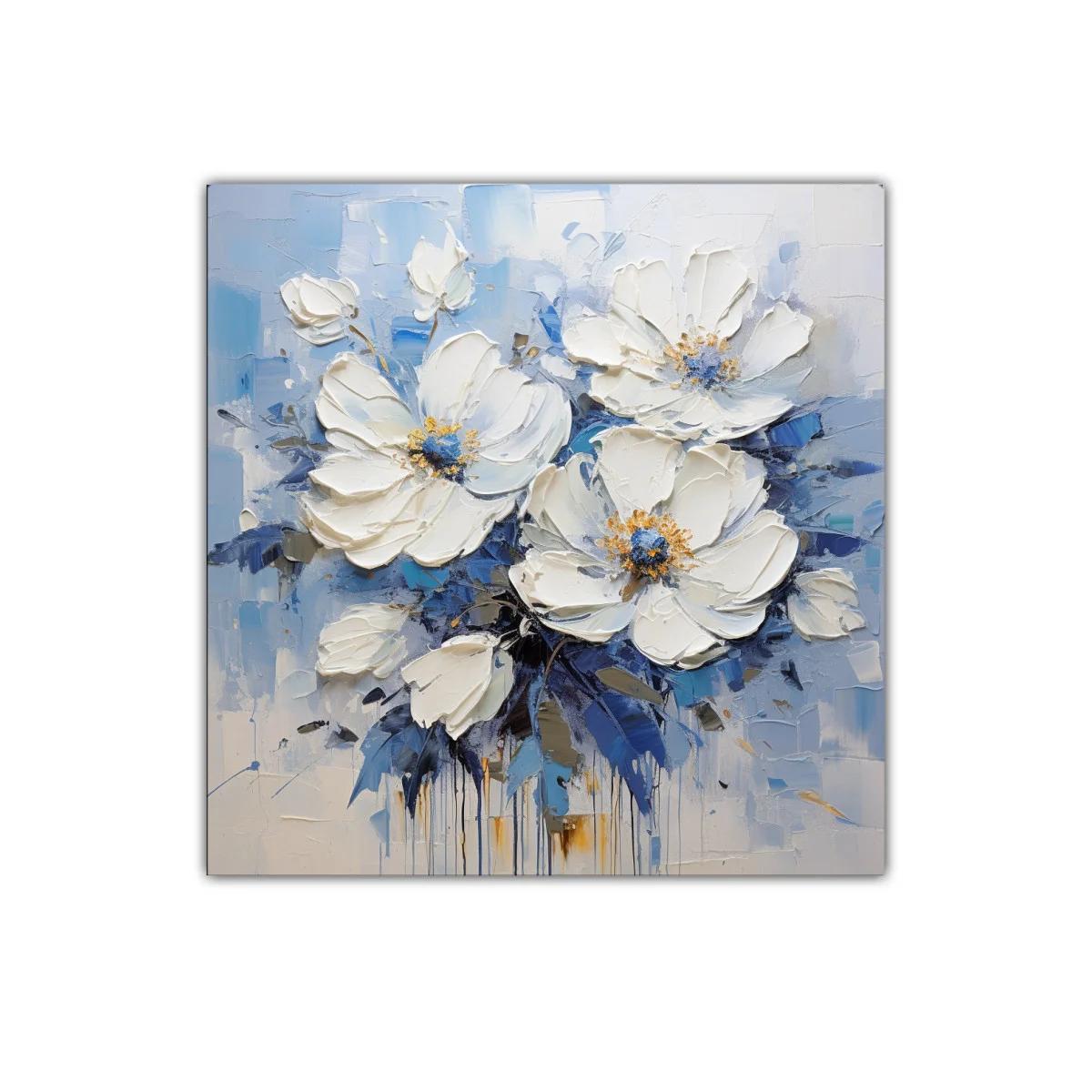 Cuadro decorativo flores blancas sobre fondo azul suave