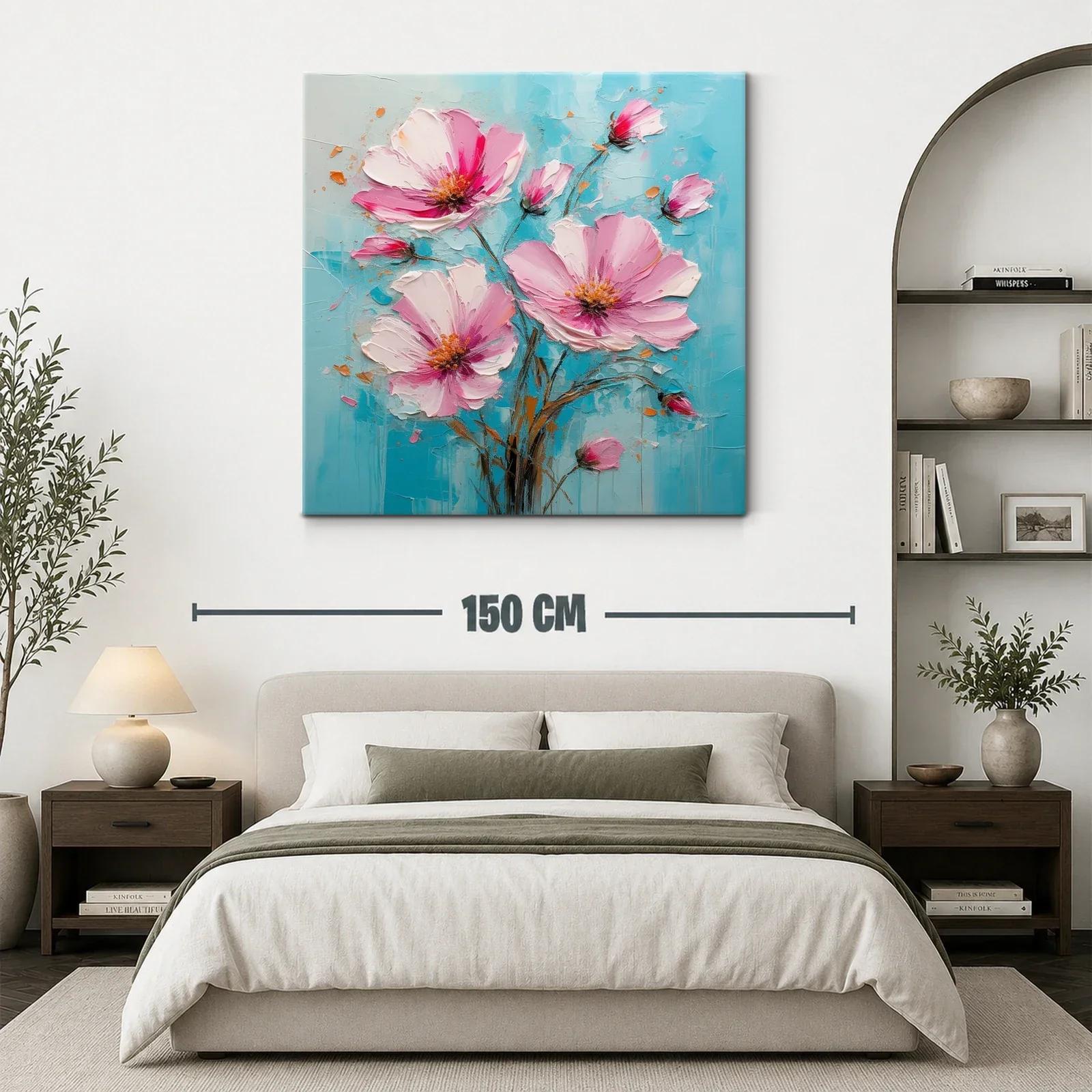 Cuadro flores rosas sobre fondo azul vibrante y texturizado — miniatura 3