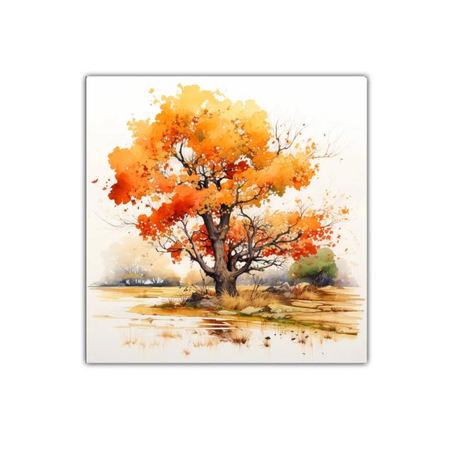 Árbol otoñal con tonos cálidos y paisaje sereno