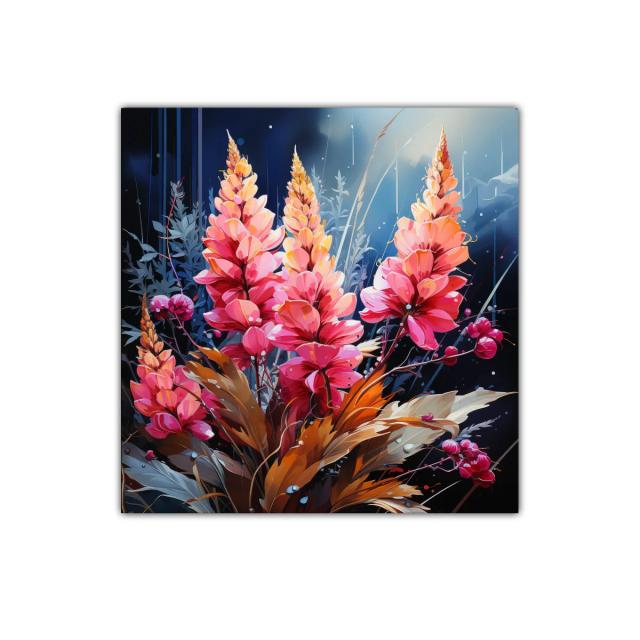 Cuadro floral vibrante con tonos cálidos y azul profundo