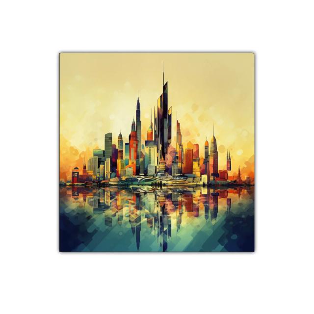 Vibrante ciudad futurista con reflejos al atardecer