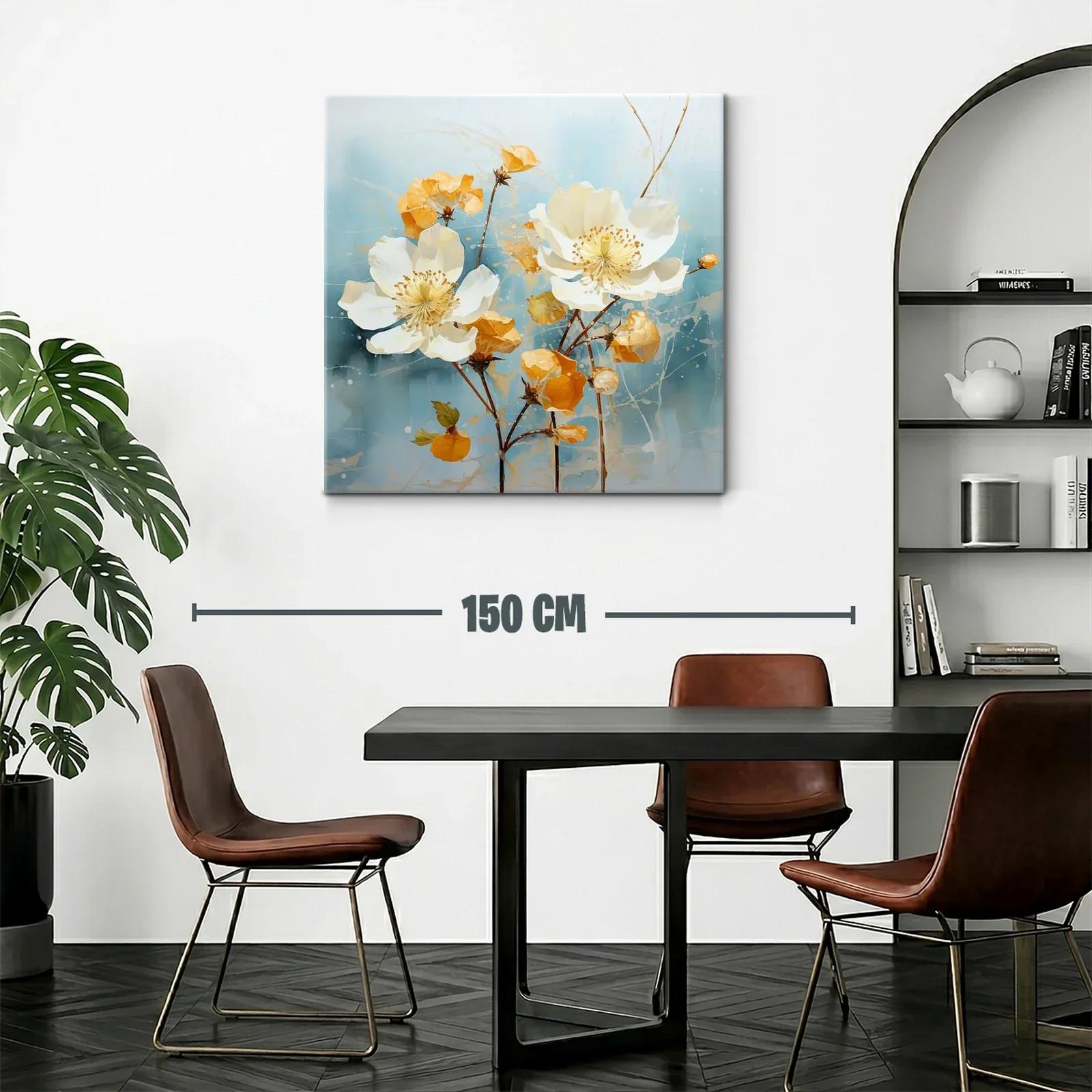 Cuadro con flores blancas y tonos cálidos sobre fondo azul — miniatura 2