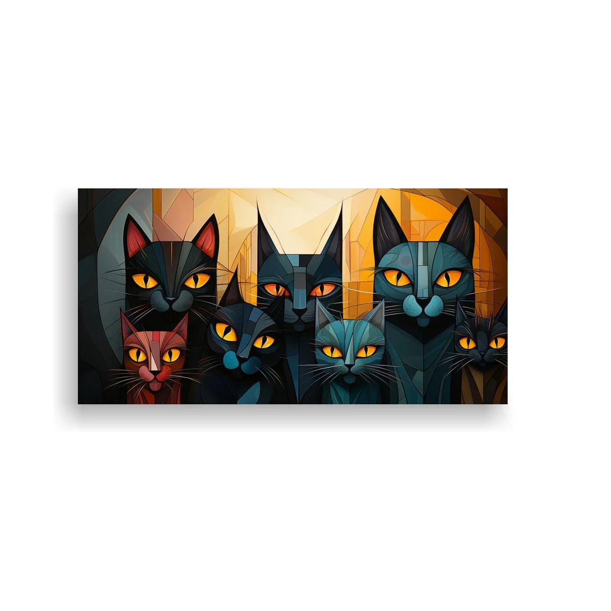 Cuadro gatos negros de ojos amarillos con rostros facetados
