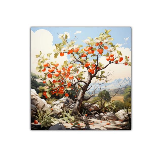 Árbol frutal en paisaje natural con tonos cálidos y cielo azul