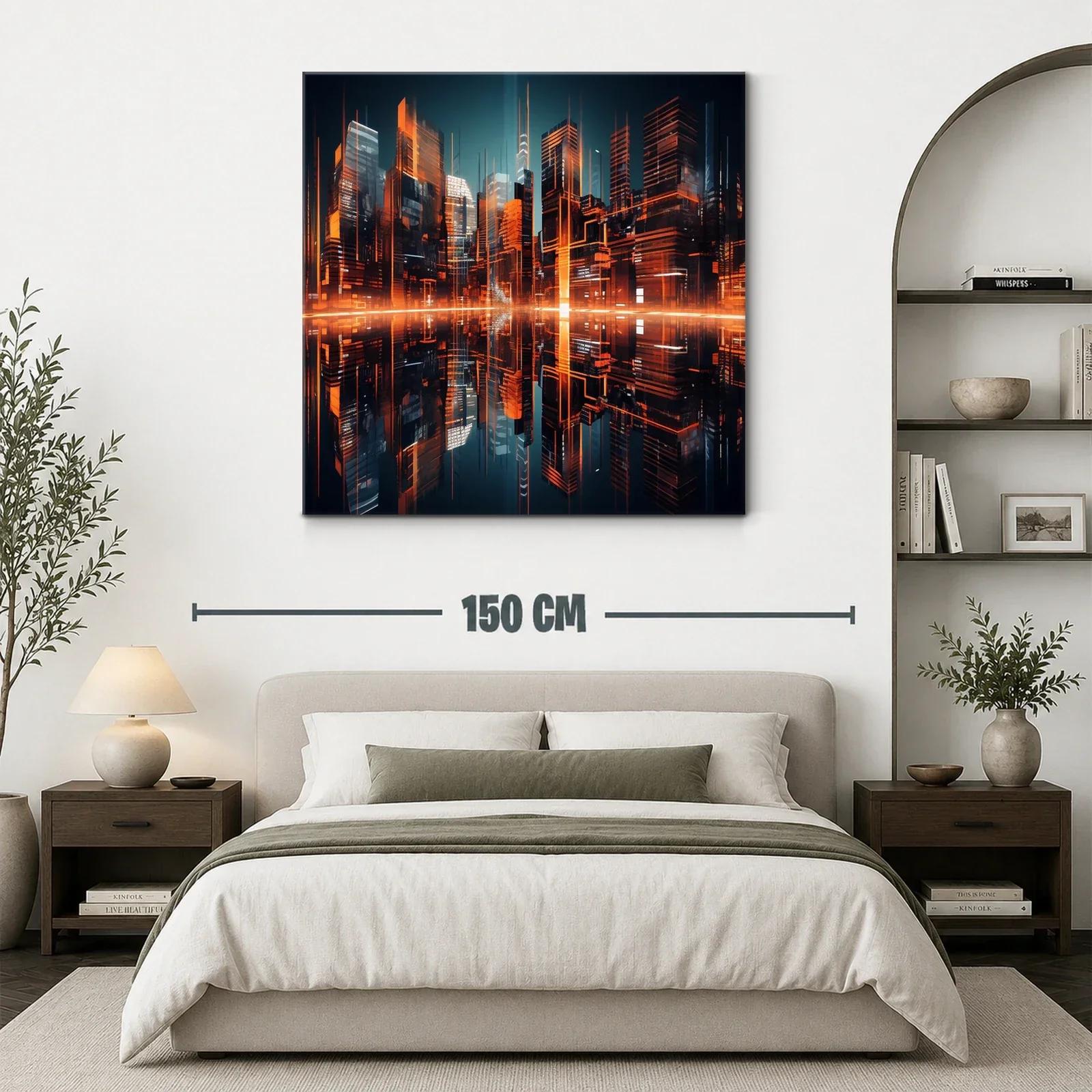 Ciudad futurista iluminada con reflejos naranjas vibrantes — miniatura 3