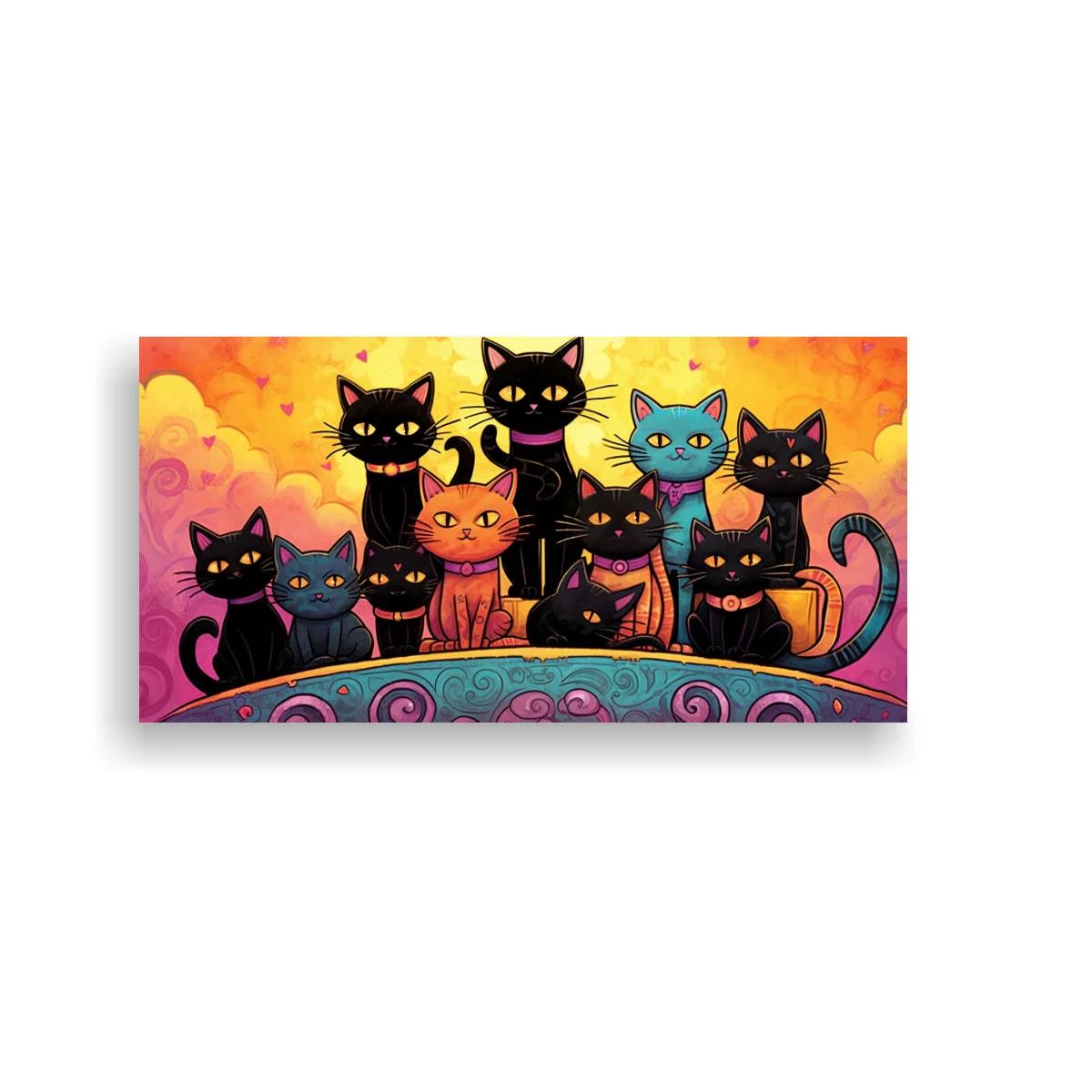 Cuadro grupo de gatos negros y de colores bajo luna naranja