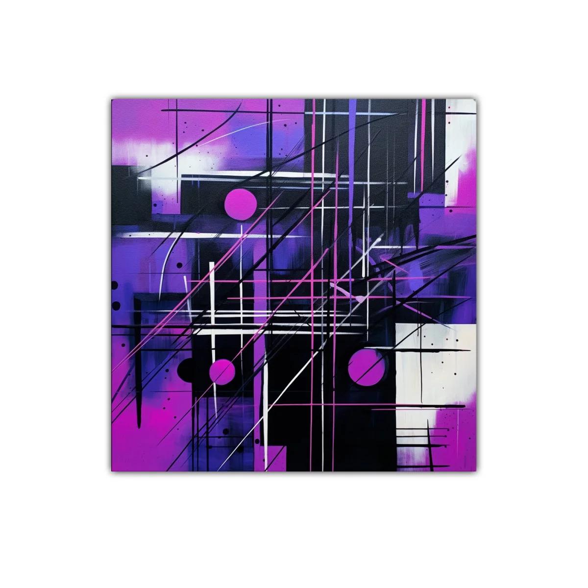 Cuadro abstracto con líneas y formas geométricas moradas