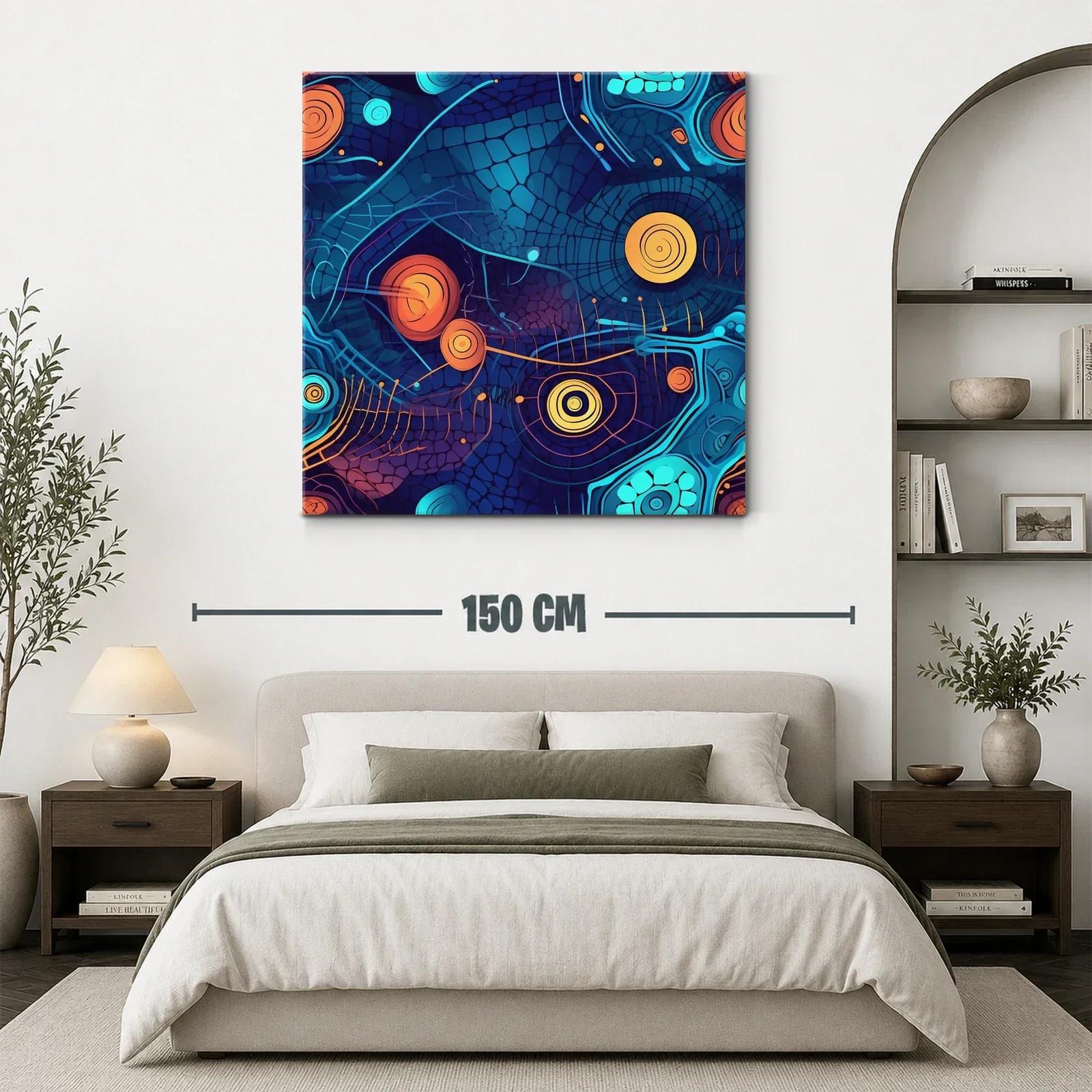 Cuadro abstracto con formas circulares en tonos azules y naranjas — miniatura 3