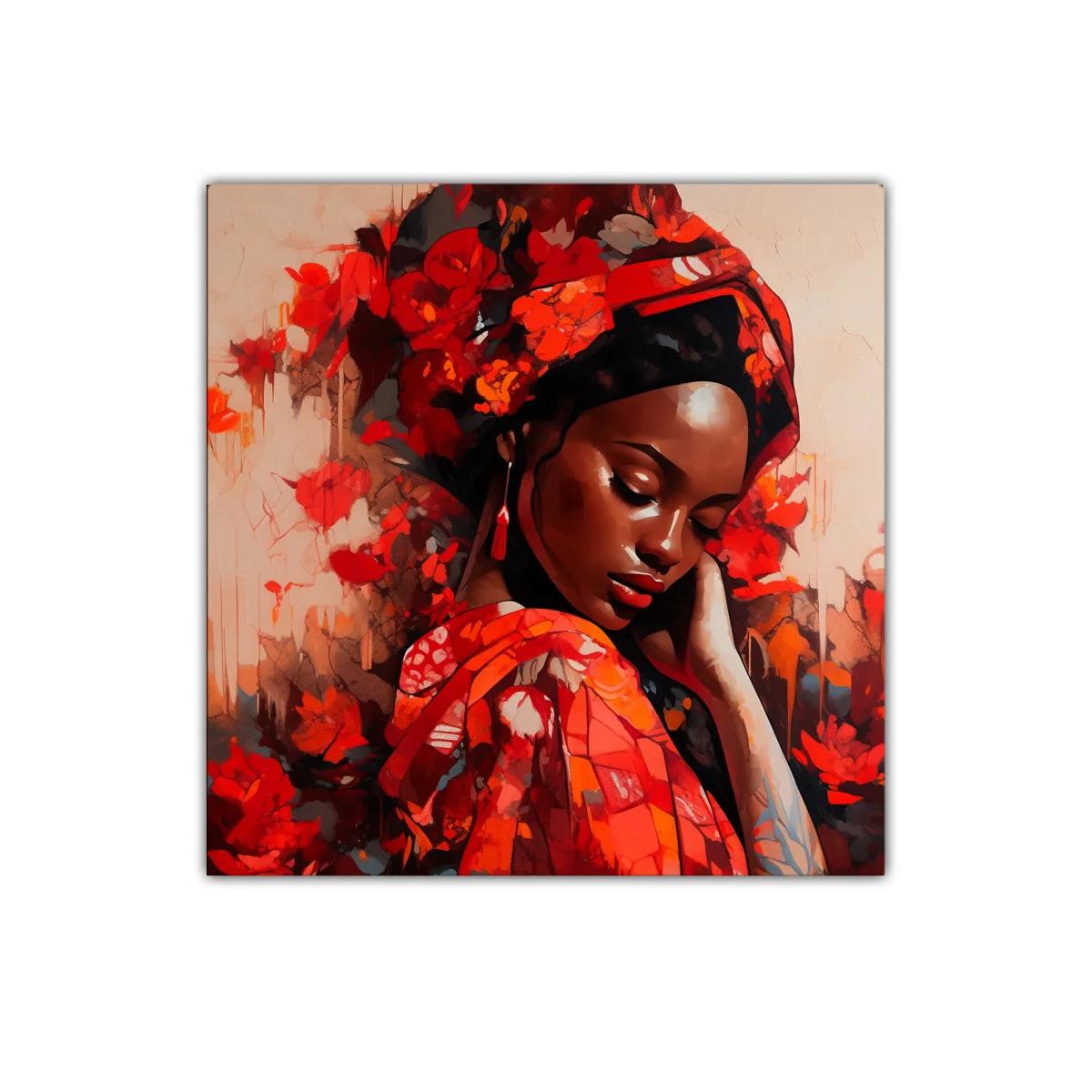 Retrato femenino rodeado de flores en tonos rojos vibrantes — imagen principal