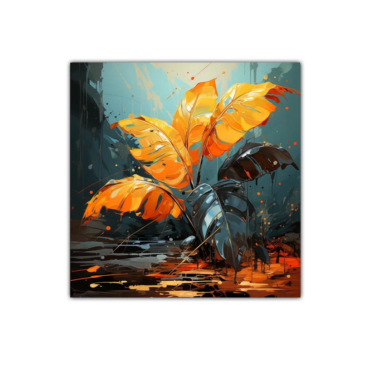 Cuadro decorativo con hojas en tonos vibrantes y contrastes oscuros — imagen principal