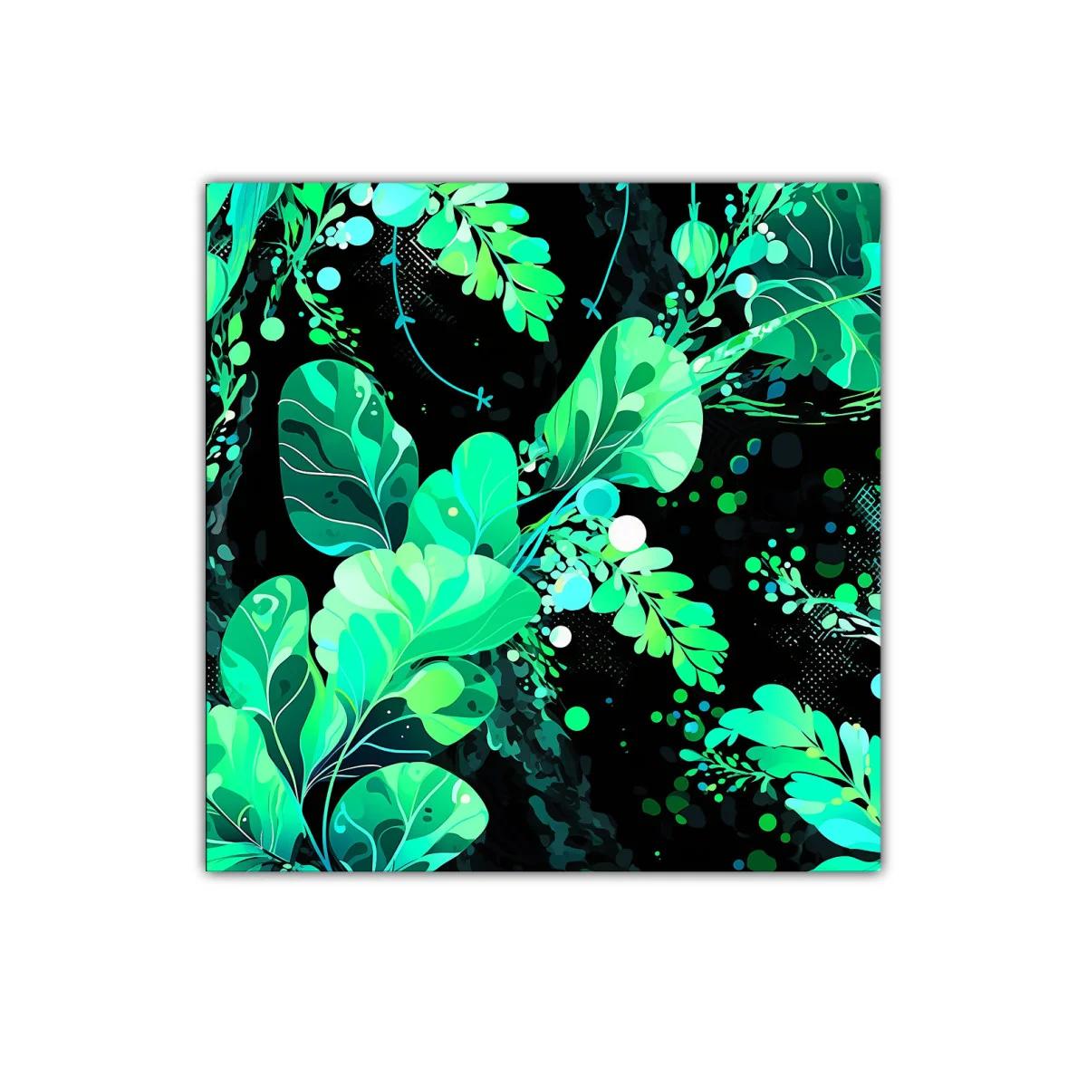 Cuadro decorativo con hojas verdes y fondo negro