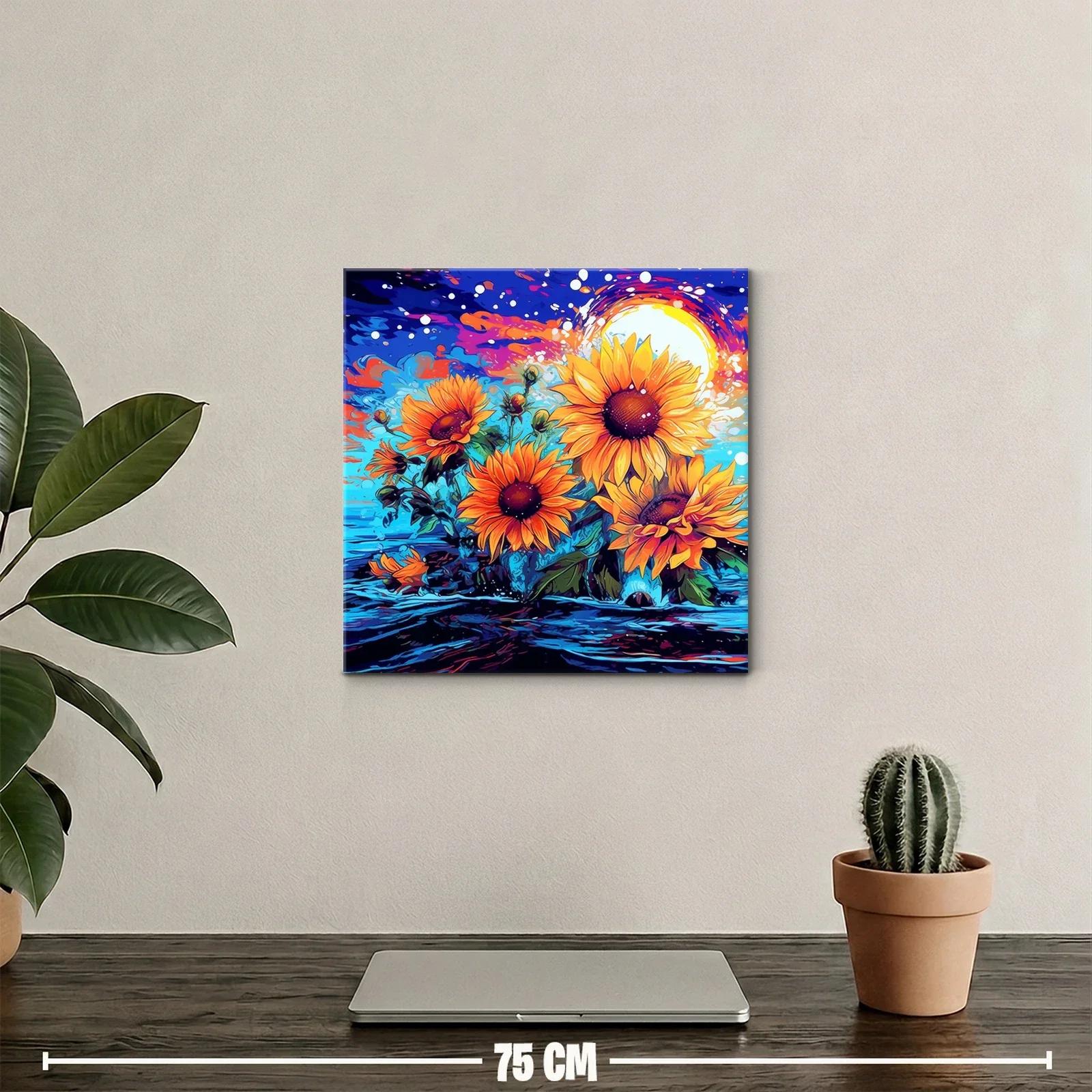 Cuadro vibrante de girasoles con fondo azul y naranja — miniatura 2