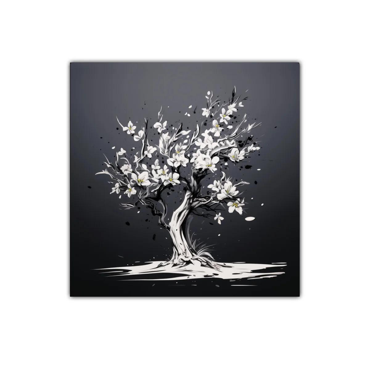 Árbol floreciente en tonos gris y blanco elegante