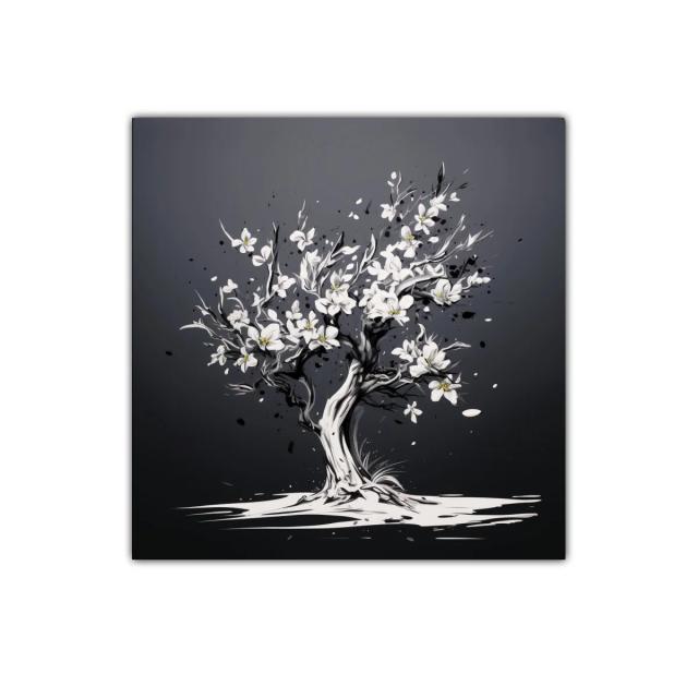 Árbol floreciente en tonos gris y blanco elegante