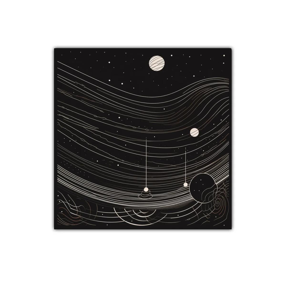 Cuadro abstracto cósmico con ondas y planetas minimalistas — miniatura 1