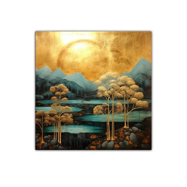 Paisaje estilizado con árboles dorados y montañas azules