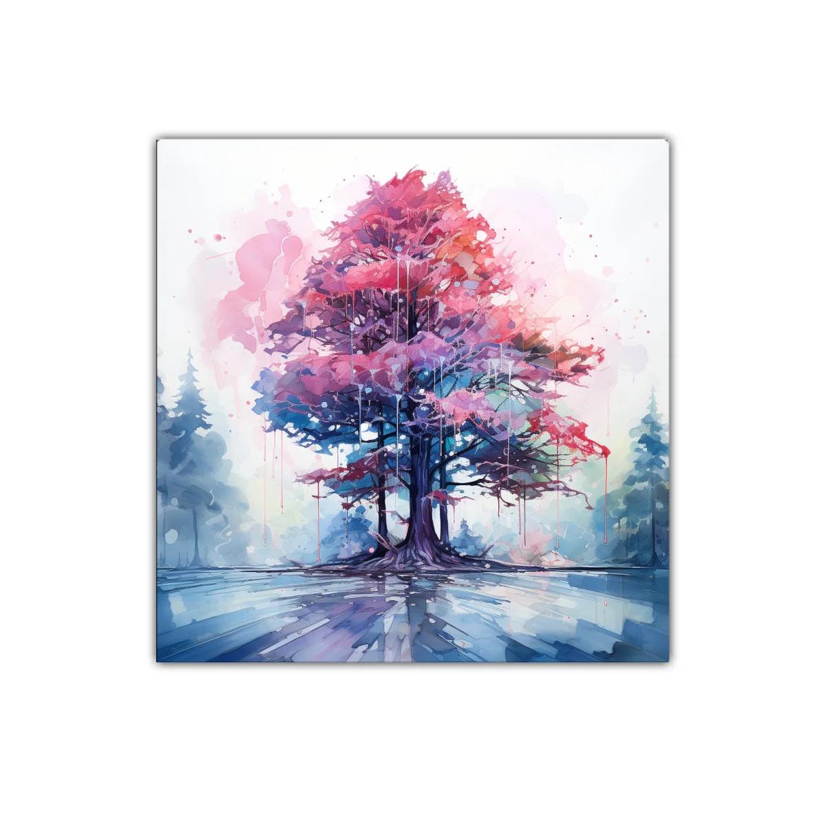 Árbol en tonos rosa y azul con reflejo en agua serena