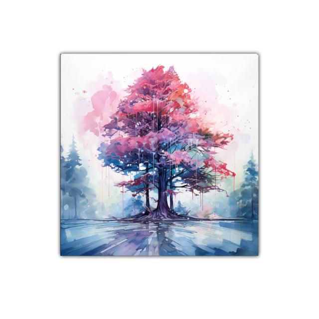 Árbol en tonos rosa y azul con reflejo en agua serena