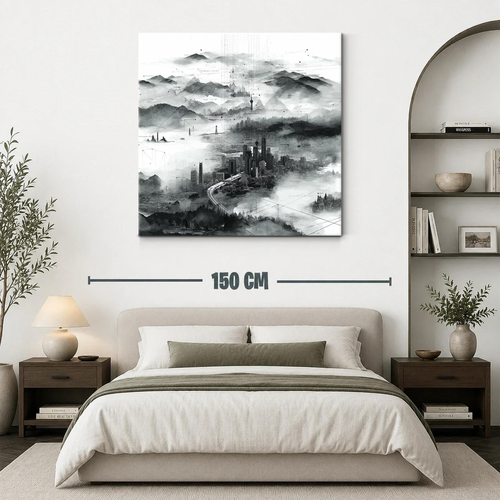 Paisaje urbano en niebla con detalles abstractos en tonos grises — miniatura 3