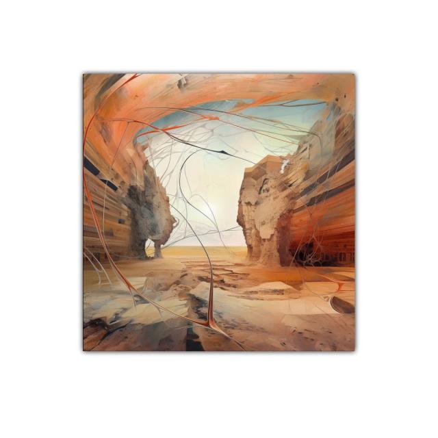 Paisaje desértico con formas abstractas y tonos cálidos