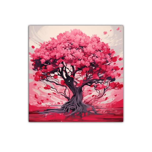 Árbol vibrante con tonos rosas y rojos intensos