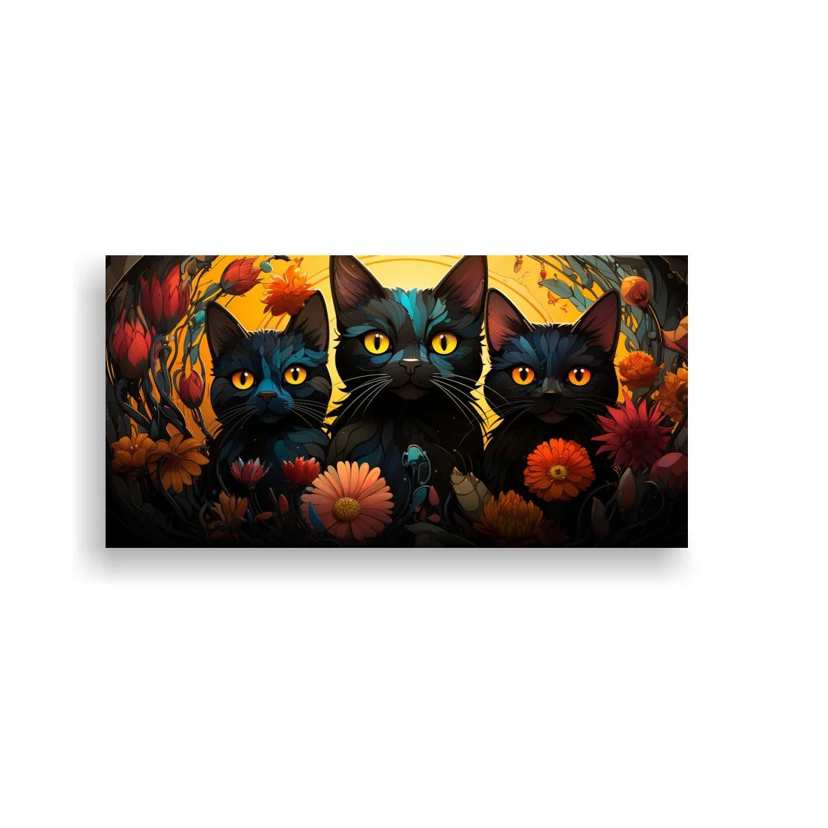 Cuadro tres gatos negros entre flores y follaje