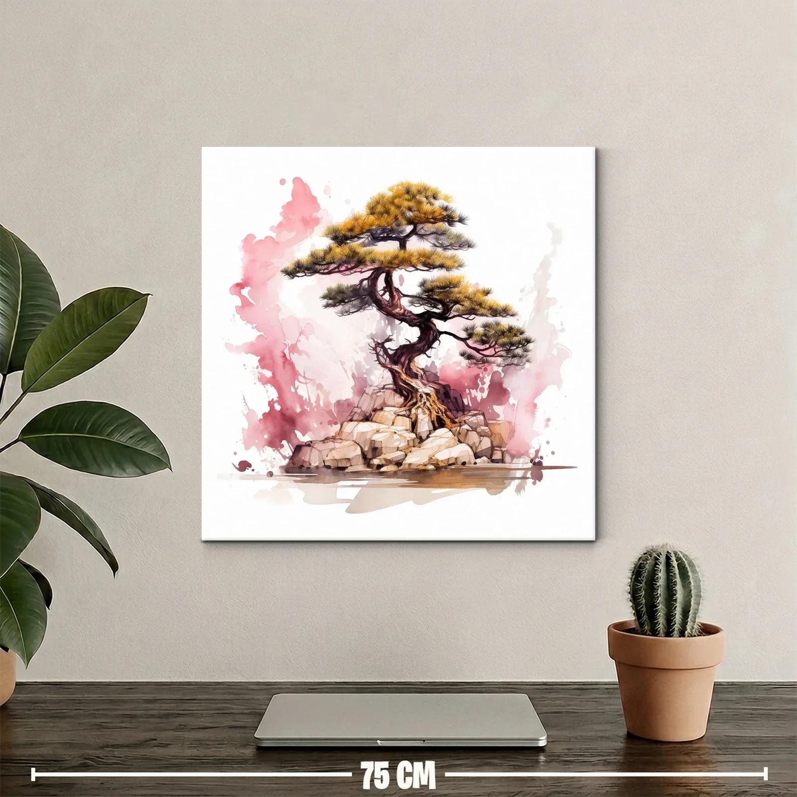 Árbol bonsái sobre rocas con fondo acuarelado rosa — miniatura 2