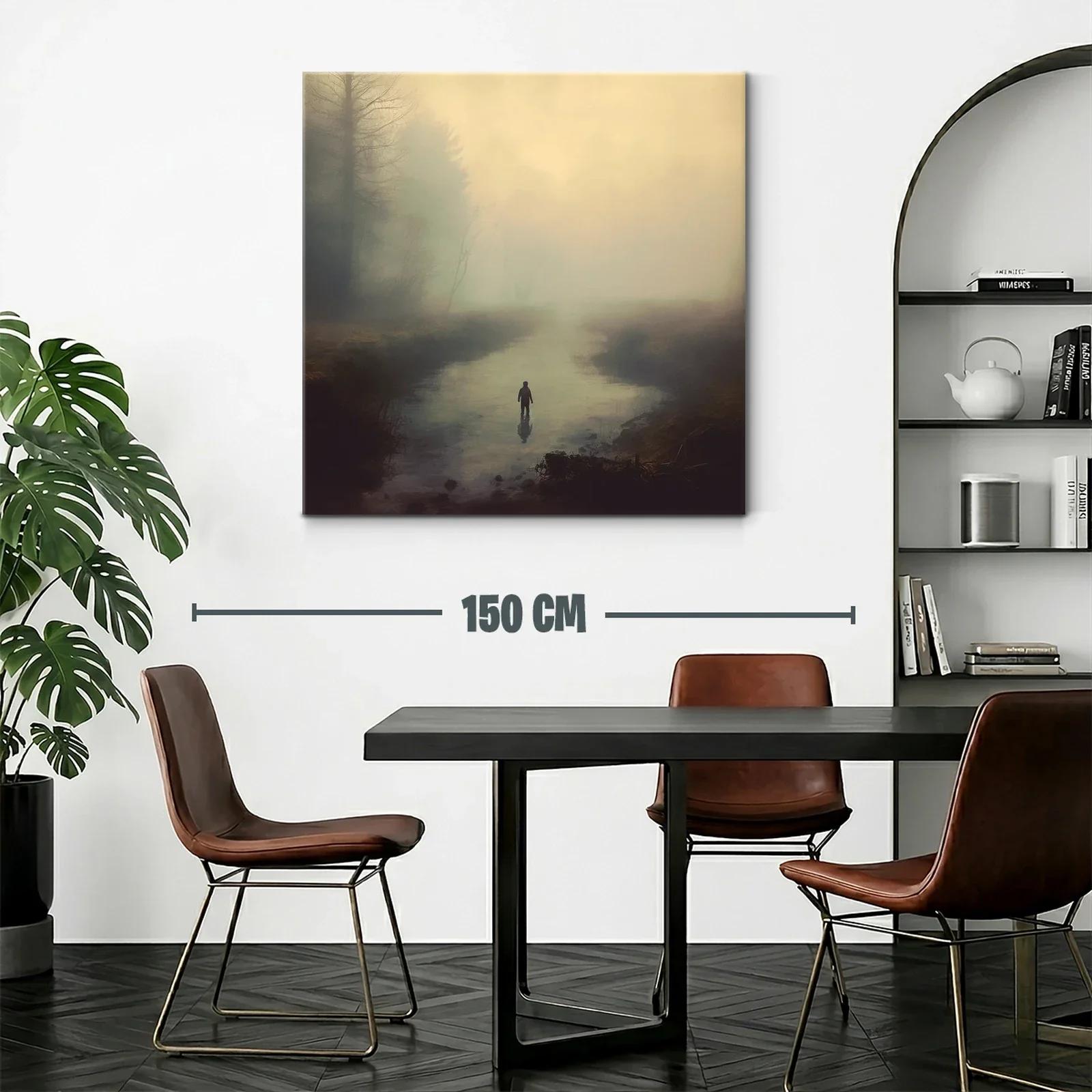 Paisaje nebuloso con figura solitaria en río tranquilo — miniatura 2