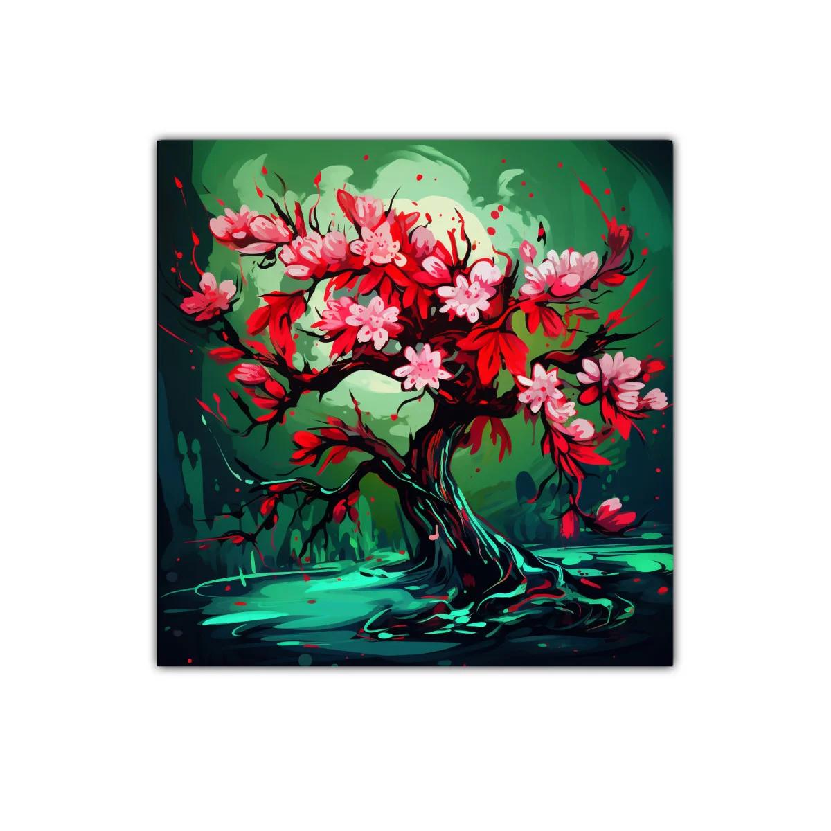 Árbol floreciente con vibrantes tonos rojos y verdes — imagen principal