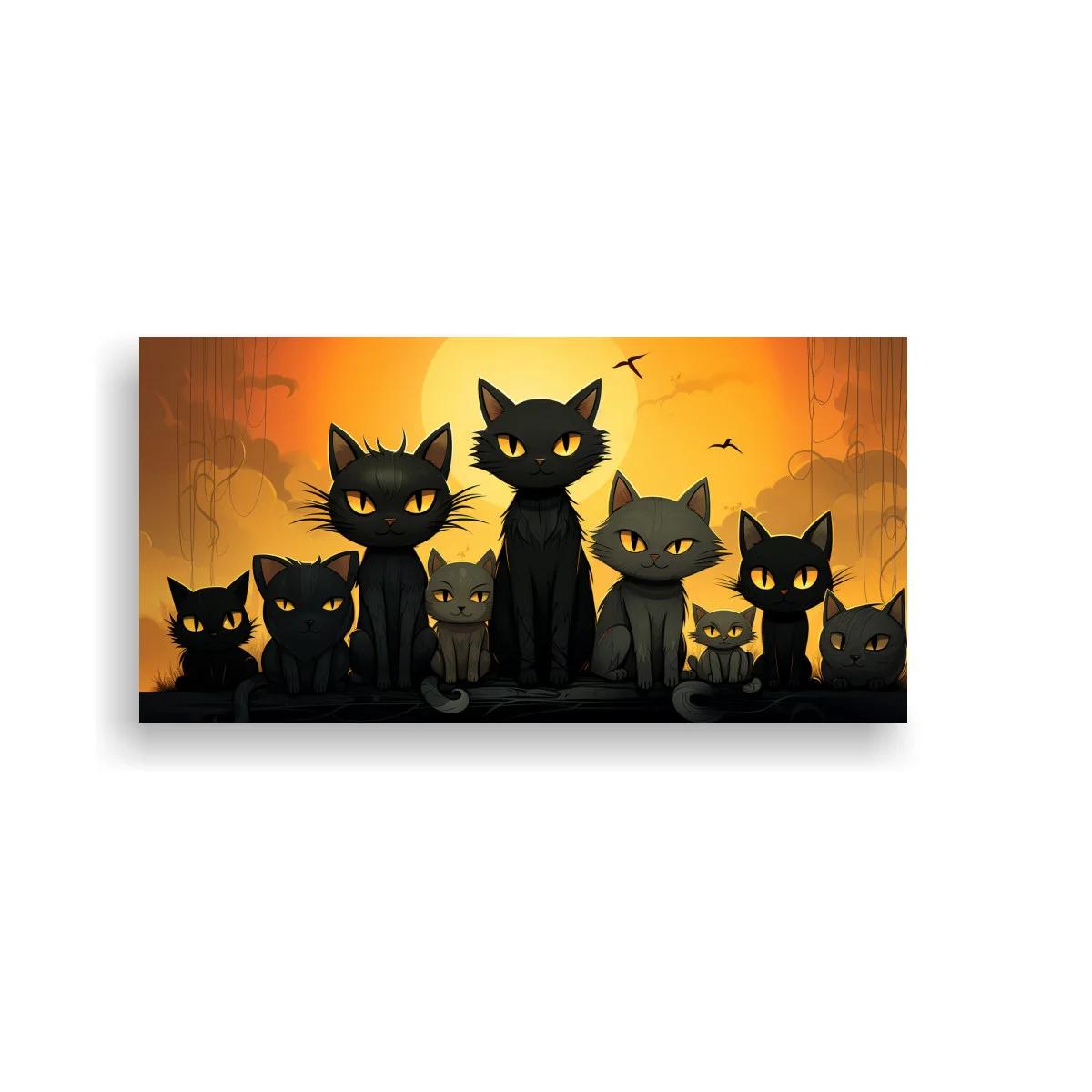 Cuadro grupo de gatos negros frente a la luna llena