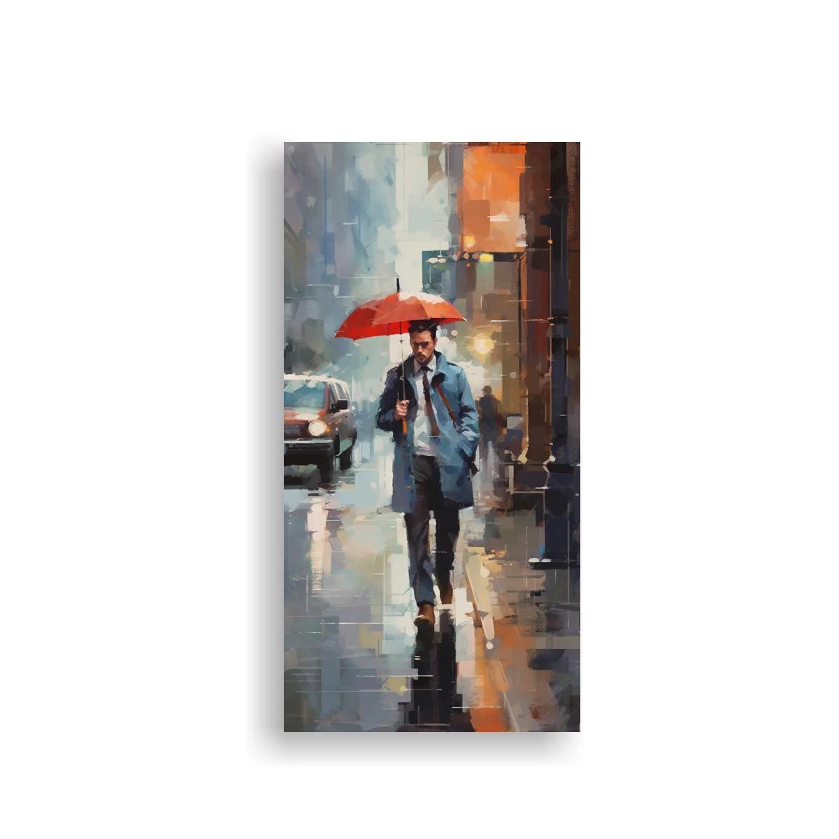 Cuadro hombre con paraguas rojo y reflejos urbanos