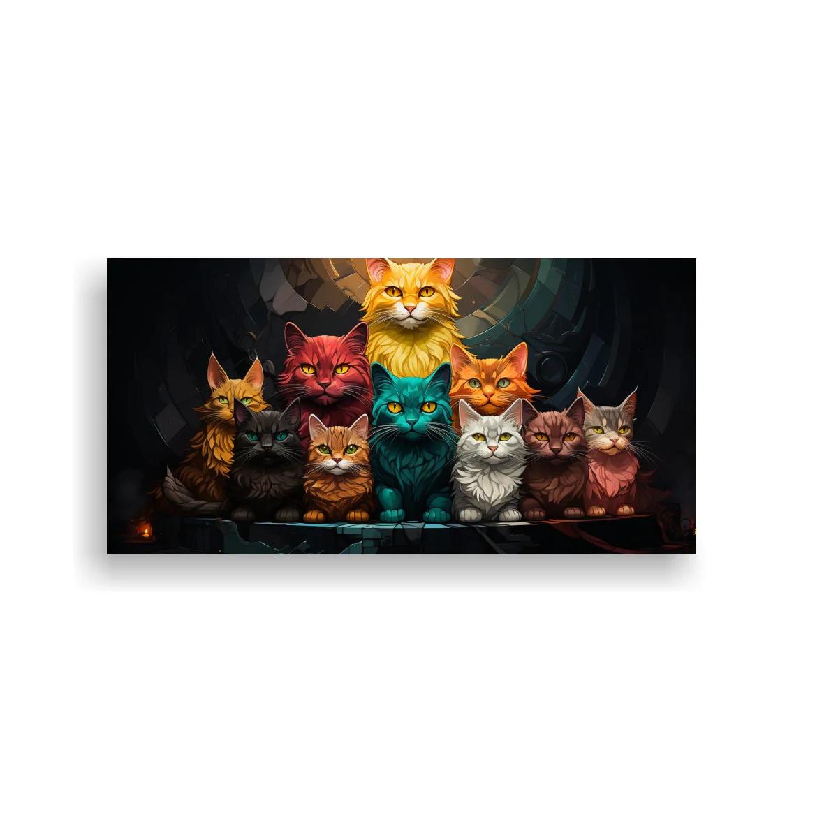 Cuadro grupo de gatos de colores sobre fondo oscuro
