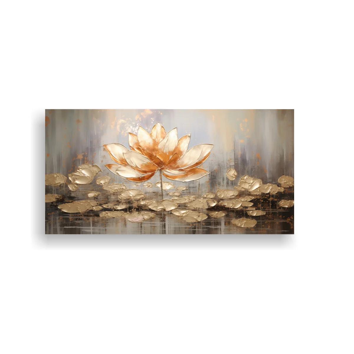 Cuadro flor de loto blanca con capullos y hojas doradas