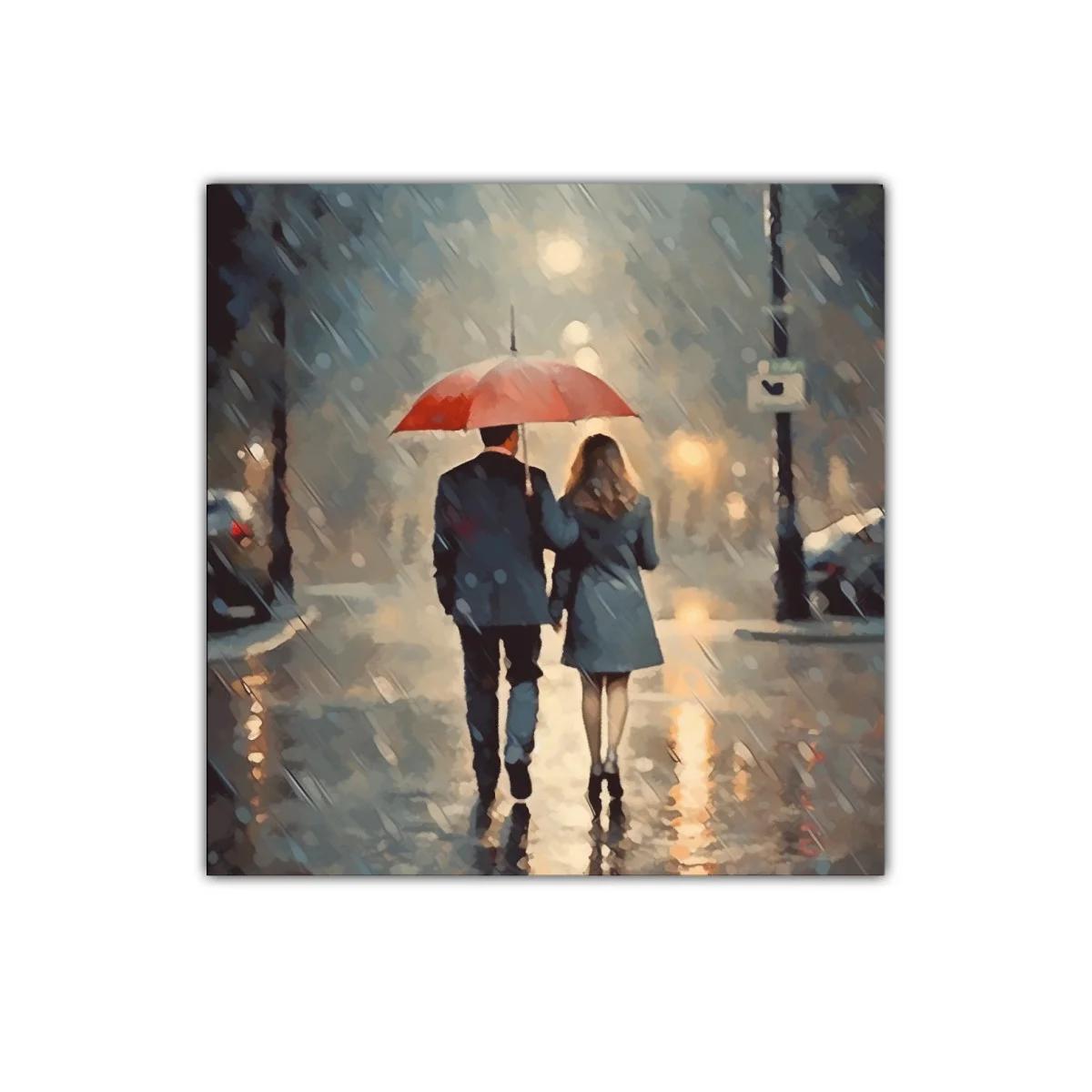 Pareja caminando bajo la lluvia con paraguas rojo — imagen principal