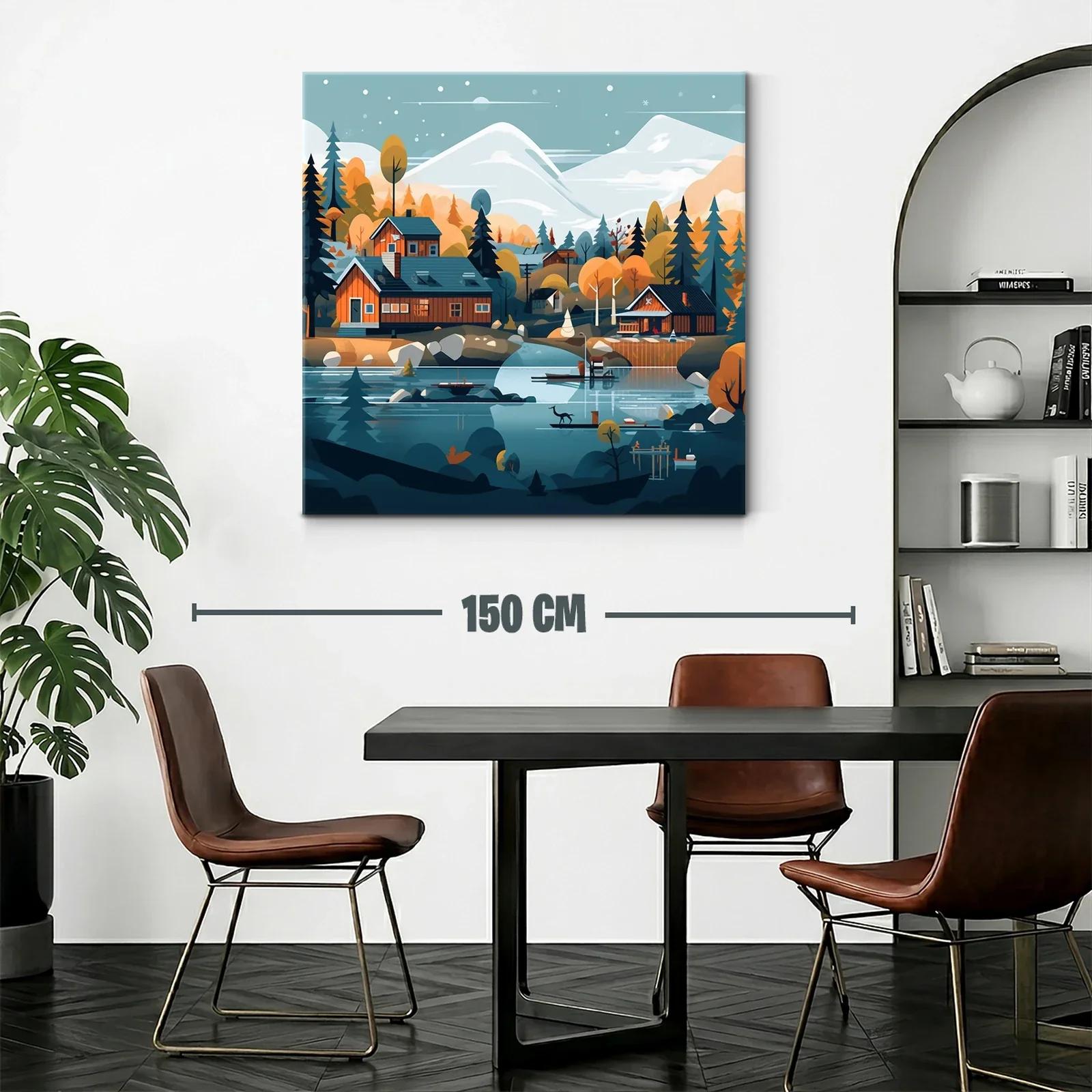 Paisaje sereno de cabañas junto al lago y montañas nevadas — miniatura 2