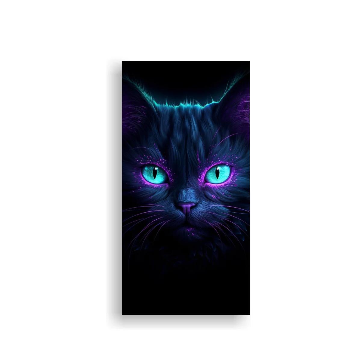 Cuadro gato negro de ojos turquesa con brillo azul y violeta