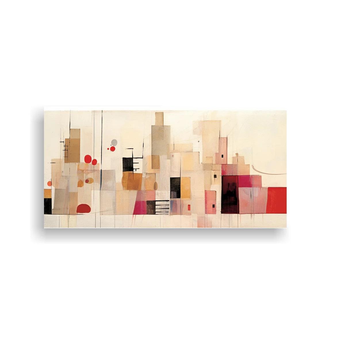 Cuadro skyline abstracto con acento rojo intenso