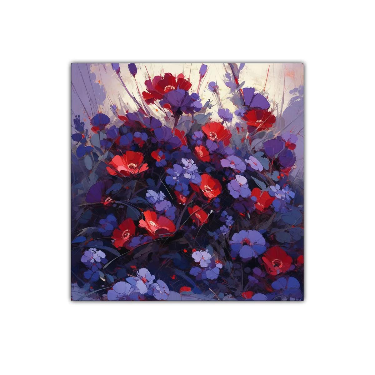 Composición floral vibrante con rojos y violetas intensos