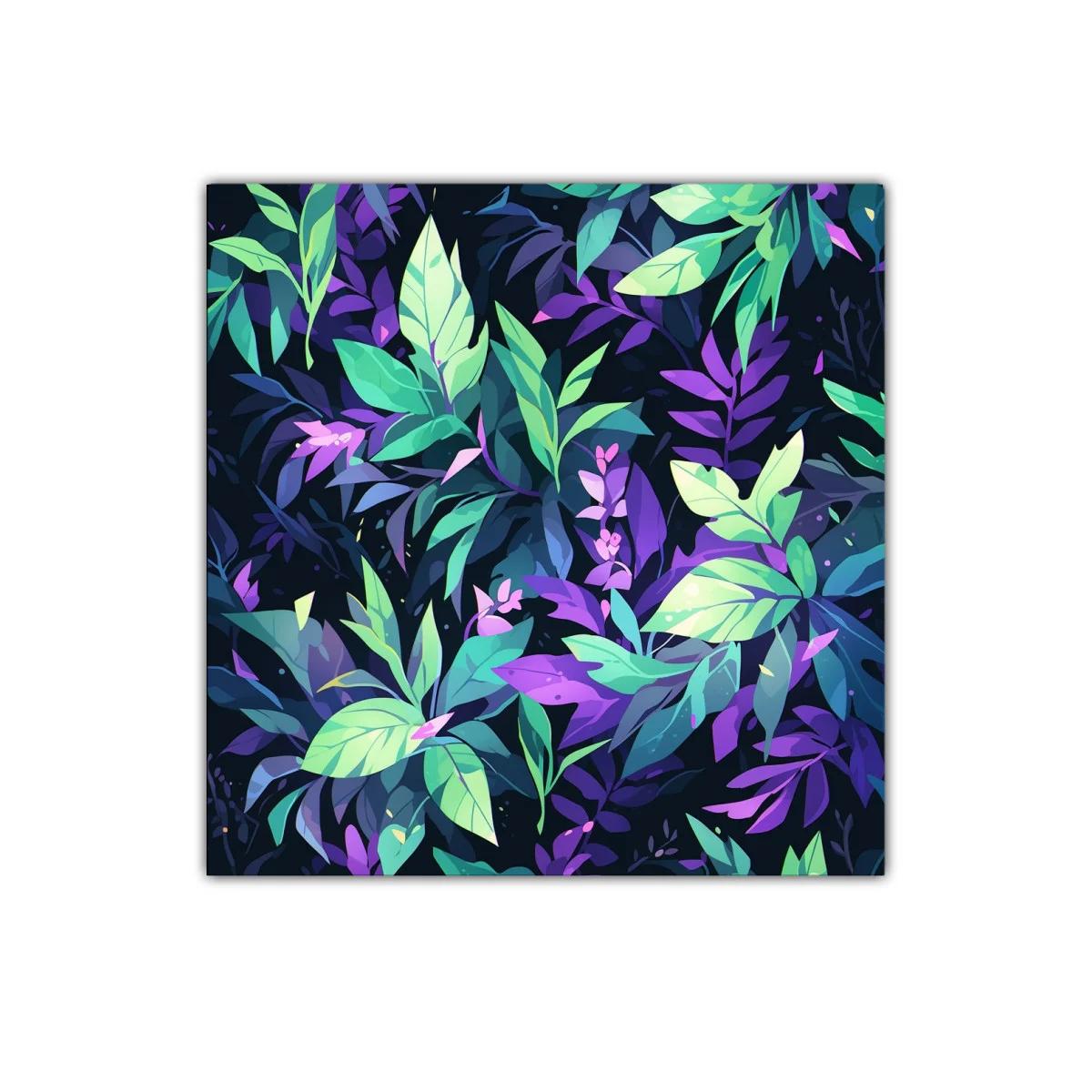 Cuadro decorativo con hojas en tonos verdes y violetas — imagen principal